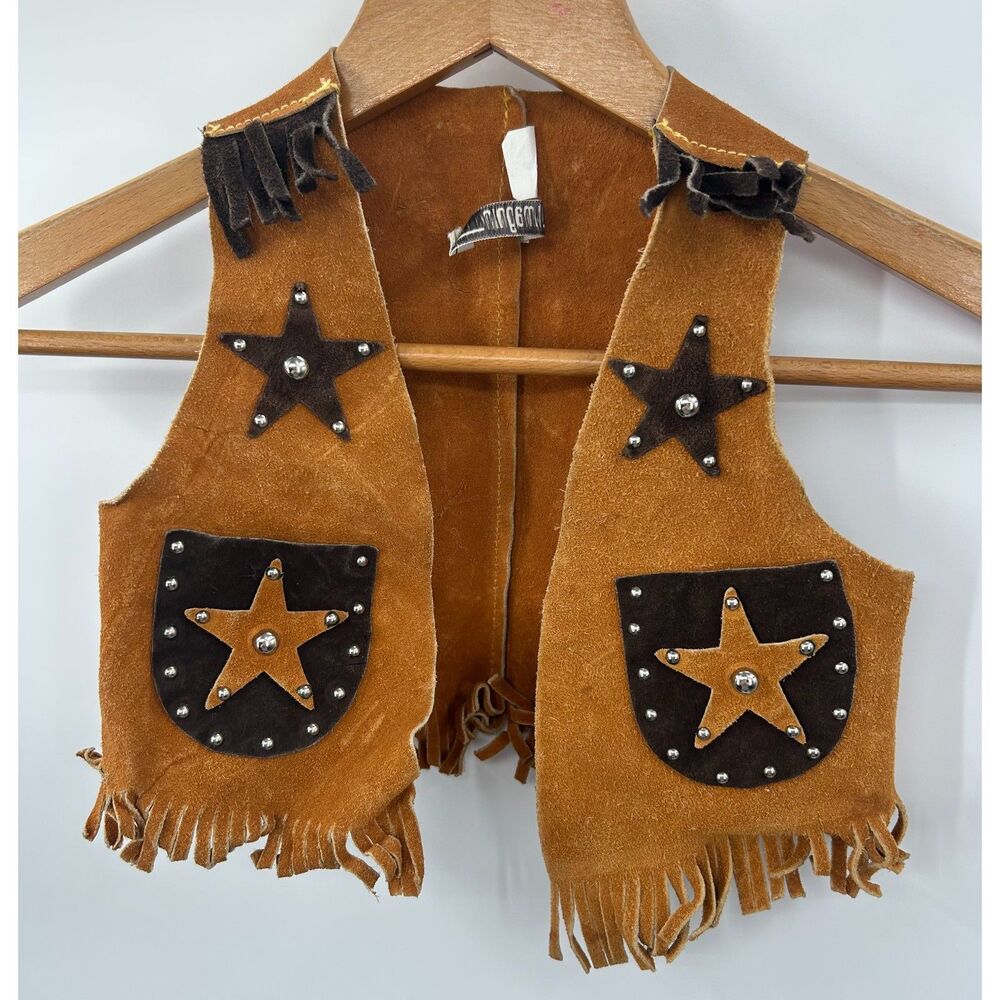 Vintage I. Magnin Leather Suede Toddler Cowboy Fringe Vest 2T Star S Made USA